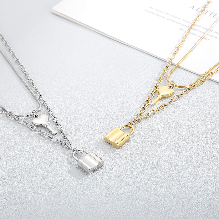 Key and Lock Pendant Necklace Stainless Steel Jewelry for Women