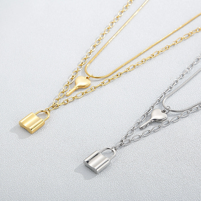 Key and Lock Pendant Necklace Stainless Steel Jewelry for Women