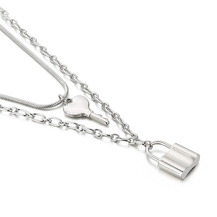 Key and Lock Pendant Necklace Stainless Steel Jewelry for Women