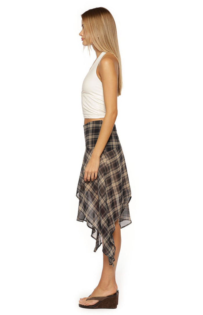 Side view of a brown and beige plaid midi skirt with a flowing hanky hem