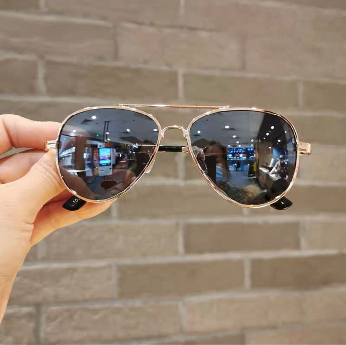 Aviator sunglasses held by a hand with a brick wall background