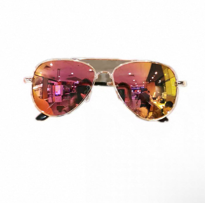 Aviator sunglasses with pink and yellow reflective lenses on a white background