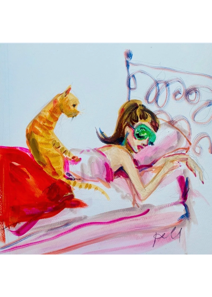 Kyra Kendall Audrey Breakfast Cat art print of a woman in a green sleep mask resting in pink bedding beside an orange tabby cat and red blanket.