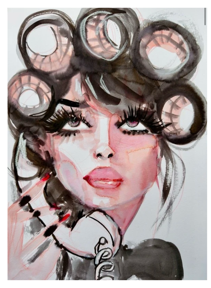 Kyra Kendall Hot Girl Things art print of a woman with hair rollers, dramatic lashes, pink lips, and red nails holding a vintage telephone.
