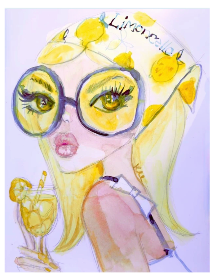 Kyra Kendall Limoncello art print of a blonde woman in yellow-tinted sunglasses and a lemon headscarf holding a citrus drink against a lavender background.
