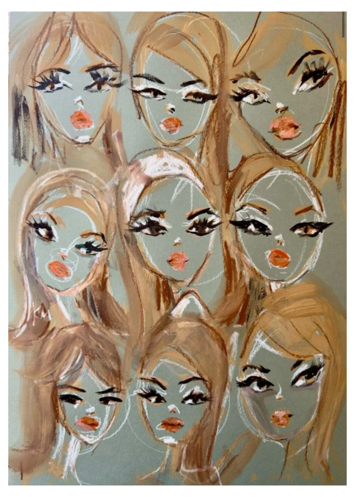 Kyra Kendall Neutral and Tan Babes art print featuring nine women’s faces with tan hairstyles, bold lashes, and peach lips on a muted gray-green background.