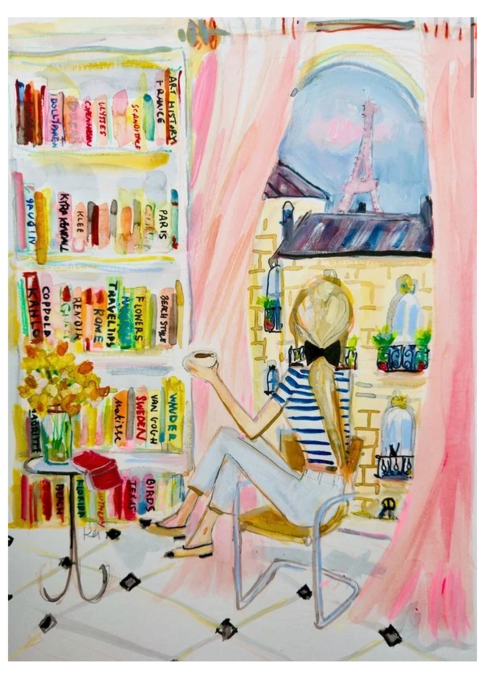 Kyra Kendall art print of a woman sipping coffee beside colorful bookshelves and pink curtains, overlooking Paris rooftops and the Eiffel Tower.