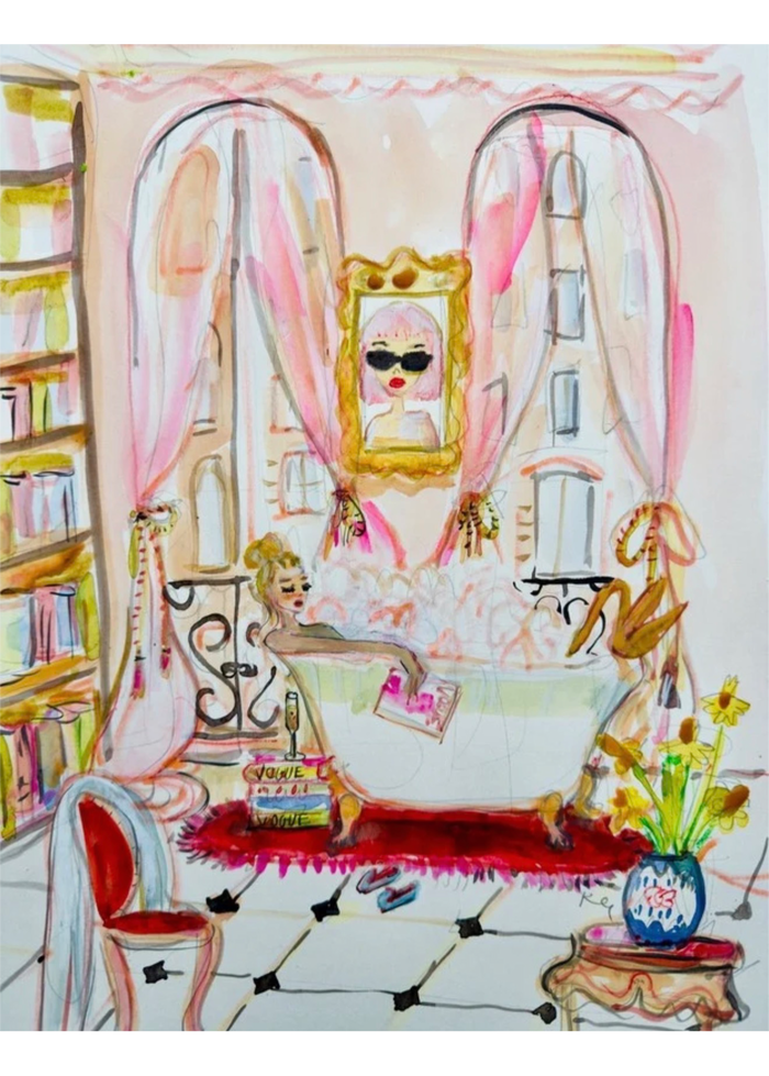 Kyra Kendall art print of a woman in a bubble bath surrounded by bookshelves, pink curtains, arched windows, a gold swan faucet, and yellow flowers.