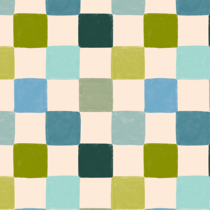 Checkered pattern with green, blue, and beige squares on a white background