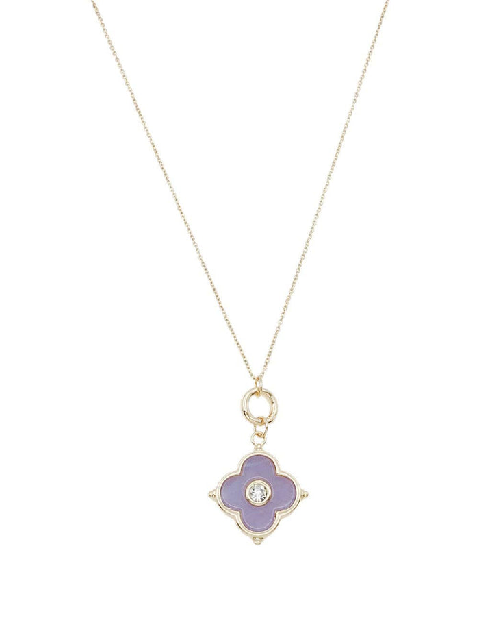 Lavender enamel clover charm necklace with rhinestone accents on a delicate gold-tone chain