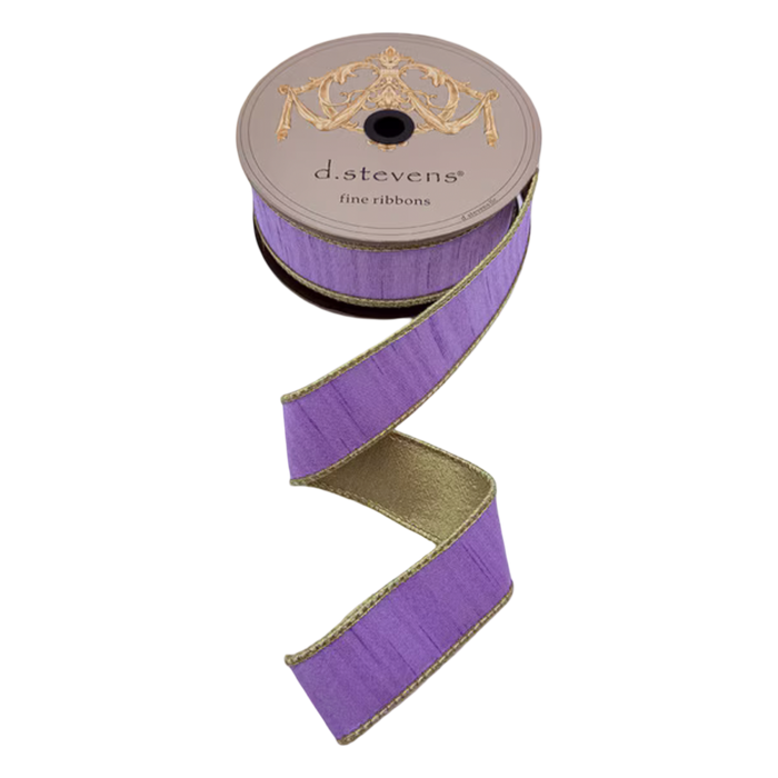Lavender slub dupioni ribbon with metallic gold backing and gold edging, 1.5 inches wide, shown unrolled from a 10-yard spool for bows, wreaths, ornaments, and gift wrapping.