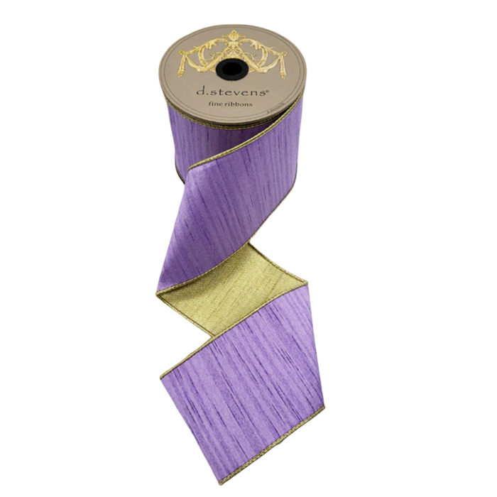 Lavender slub dupioni ribbon with metallic gold backing and gold edging, 4 inches wide, shown cascading from a 10-yard spool.