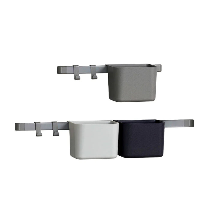 Wall-mounted organizer with hooks and containers for Leander 3 Piece Double Rod or Toshi Baby storage