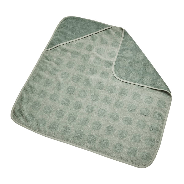 Green hooded baby towel with polka dots from Leander Organic Hooded, perfect for Toshi Baby swim lessons