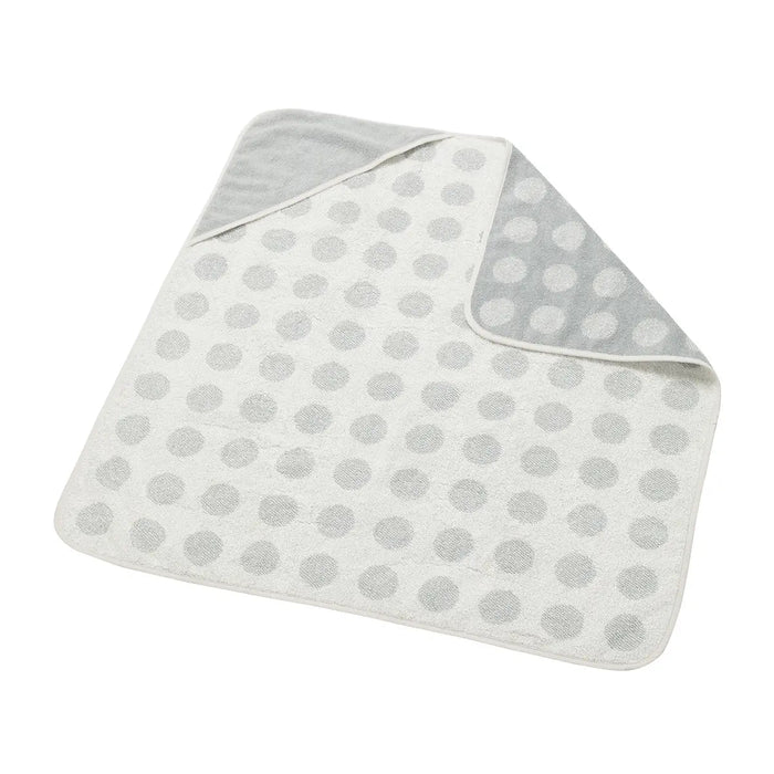 White and gray polka dot toshi baby hooded towel from Leander Organic Hooded Towels