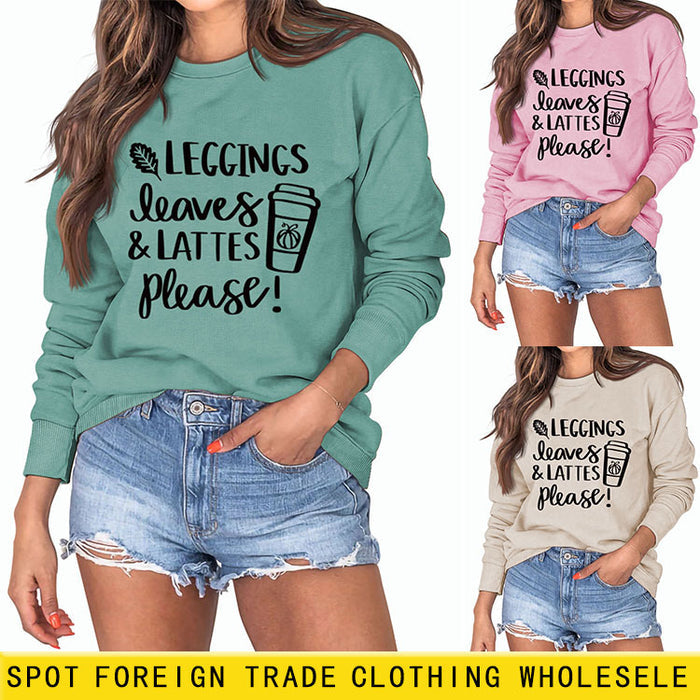 LEGGINGS LEAVES LATTES Letter Loose Bottoming Long Sleeve Plus Size Sweater
