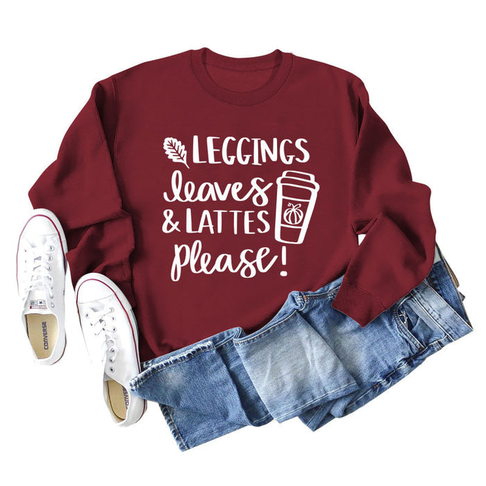LEGGINGS LEAVES LATTES Letter Loose Bottoming Long Sleeve Plus Size Sweater