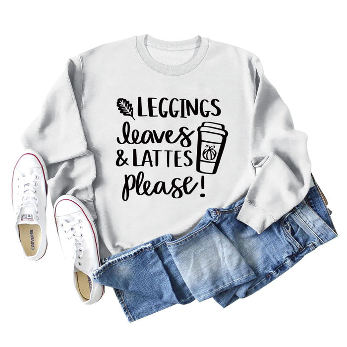 LEGGINGS LEAVES LATTES Letter Loose Bottoming Long Sleeve Plus Size Sweater