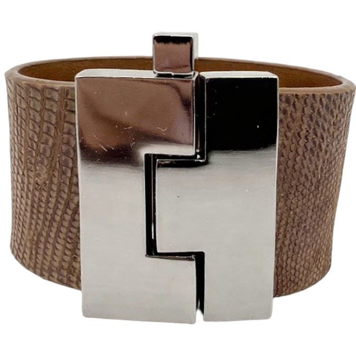 Brown leather bracelet with a silver clasp on a white background