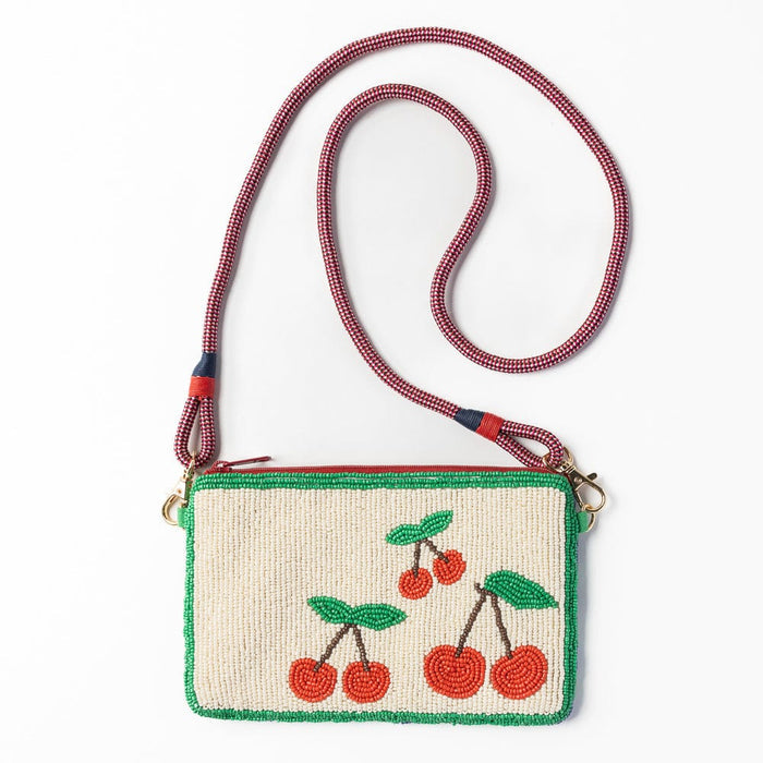 Leila Cherries Seed Bead Clutch With Strap Crossbody