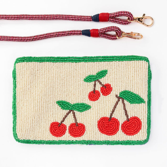 Leila Cherries Seed Bead Clutch With Strap Crossbody