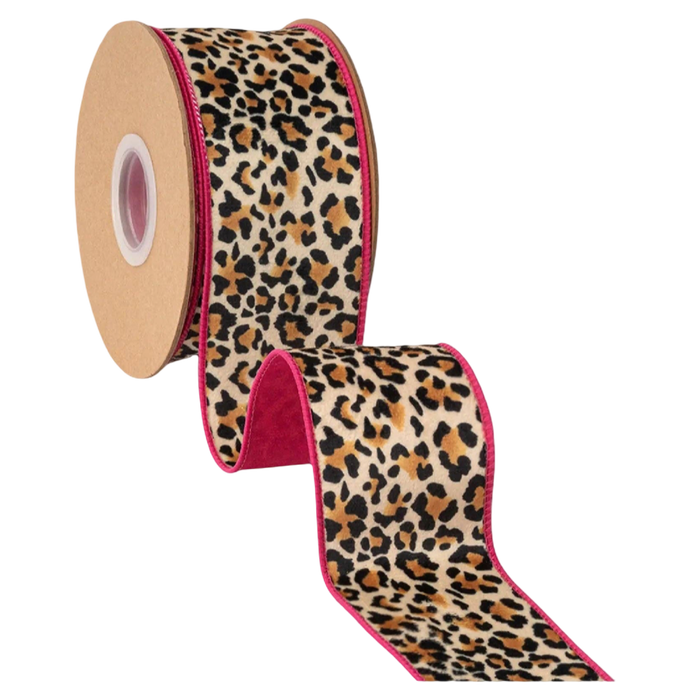 Leopard print velvet wired ribbon with hot pink backing, 2.5 inches wide