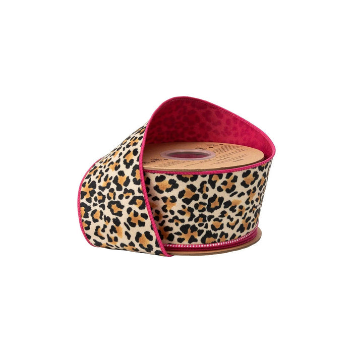 Leopard print velvet wired ribbon with hot pink backing, 2.5 inches wide