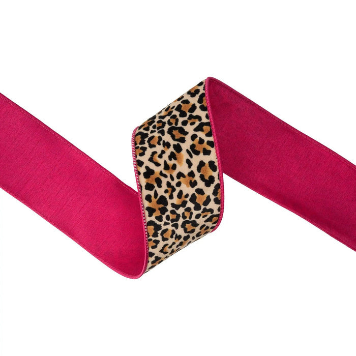 Leopard print velvet wired ribbon with hot pink backing, 2.5 inches wide