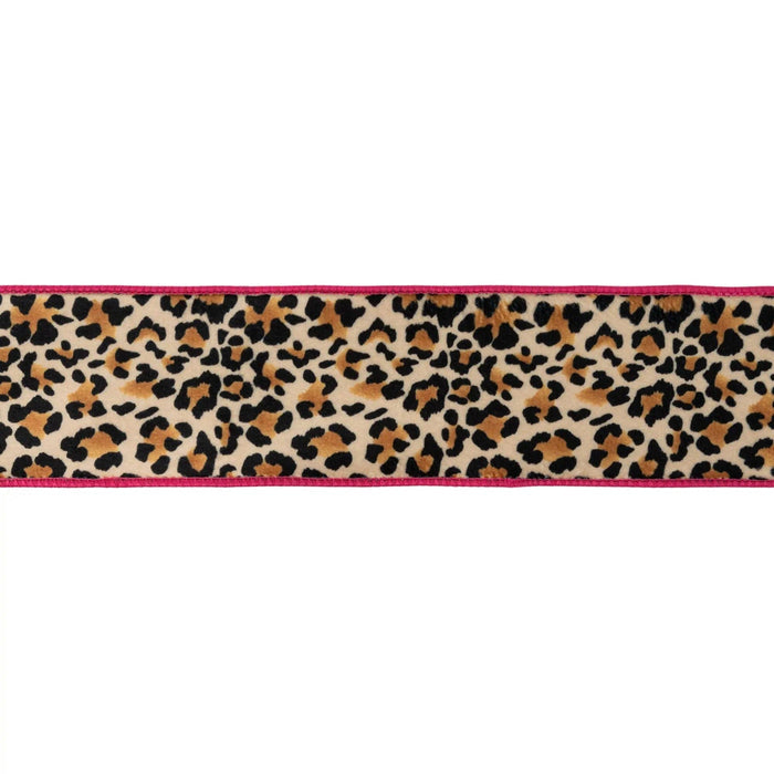 A horizontal strip of leopard print fabric or ribbon with a pink stitched edge, shown against a plain white background.