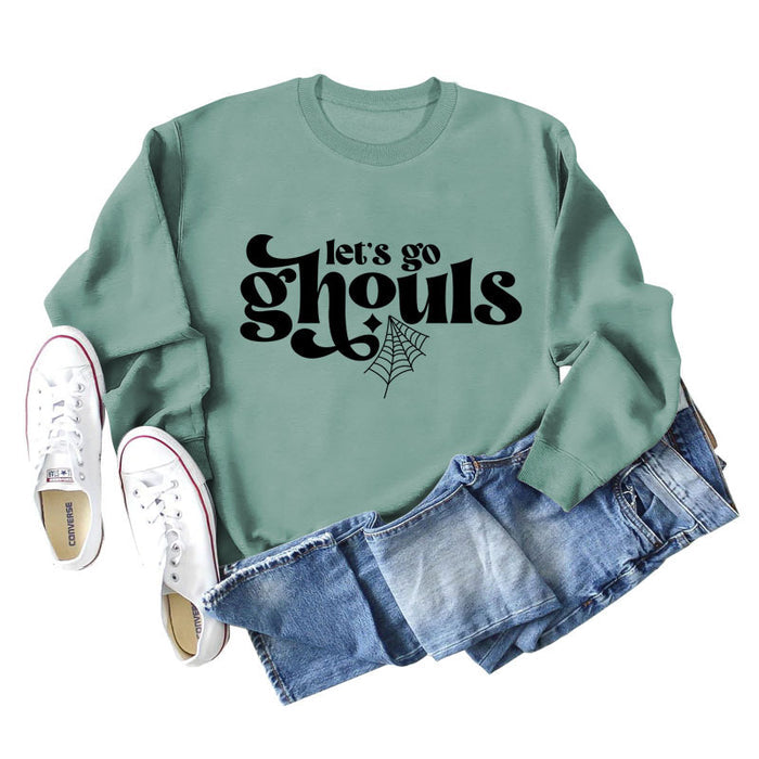 Let's Go Ghouls Letters Loose Round Neck Long Sleeve Large Size Sweatshirt