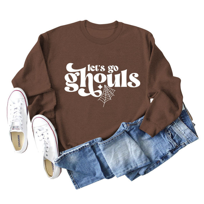 Let's Go Ghouls Letters Loose Round Neck Long Sleeve Large Size Sweatshirt