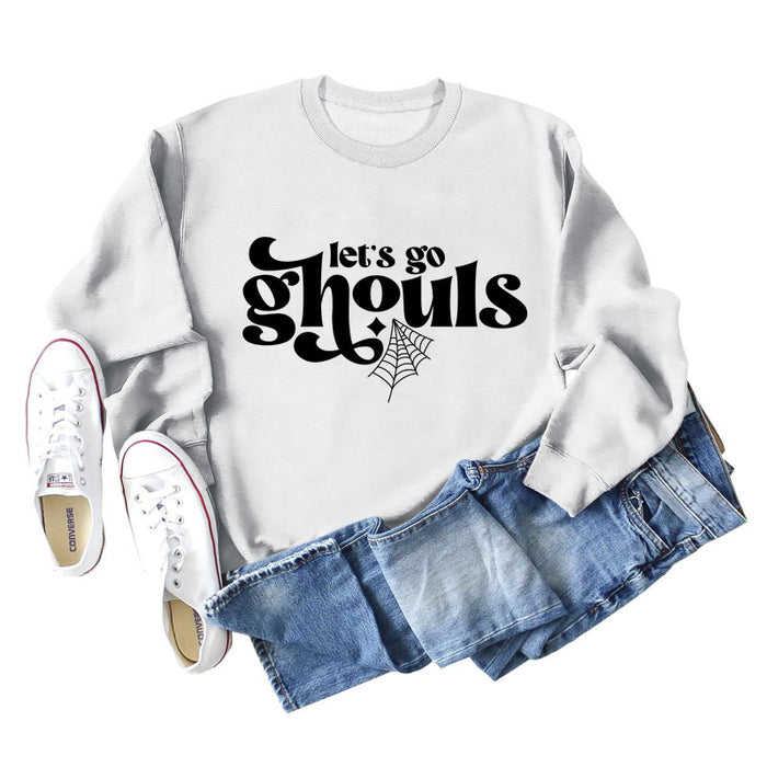 Let's Go Ghouls Letters Loose Round Neck Long Sleeve Large Size Sweatshirt