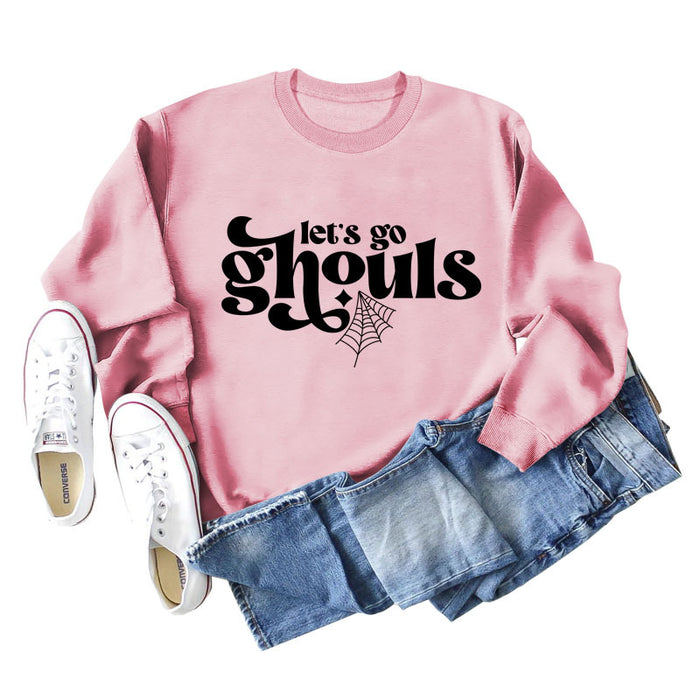Let's Go Ghouls Letters Loose Round Neck Long Sleeve Large Size Sweatshirt