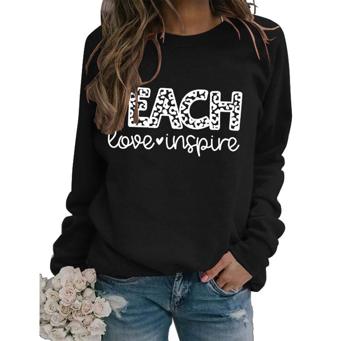 Letter Round Neck Shirt Long Sleeve TEACH Love Printed Loose Sweater