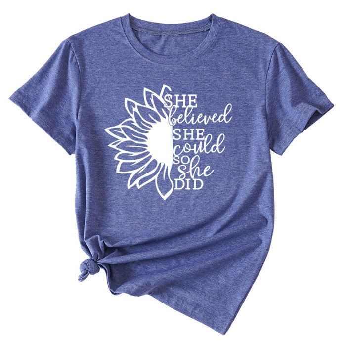 Lettering She Believed She Could Round Neck Short Sleeve T-Shirt for Women