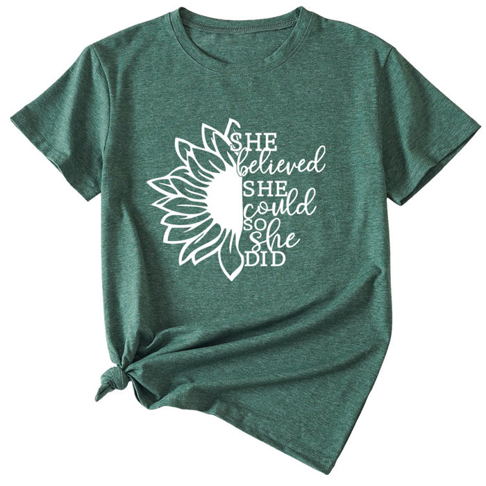 Lettering She Believed She Could Round Neck Short Sleeve T-Shirt for Women