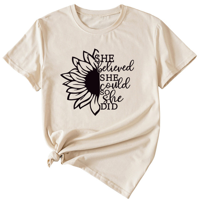 Lettering She Believed She Could Round Neck Short Sleeve T-Shirt for Women