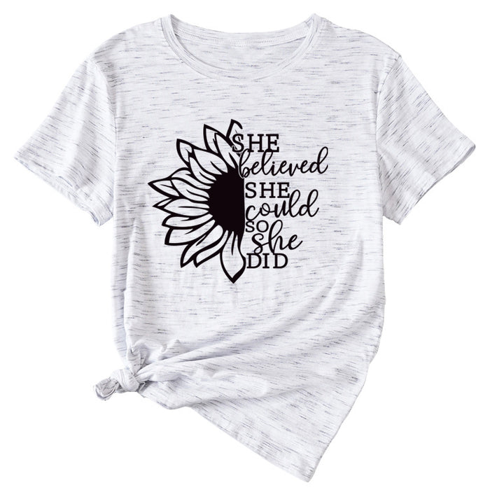 Lettering She Believed She Could Round Neck Short Sleeve T-Shirt for Women