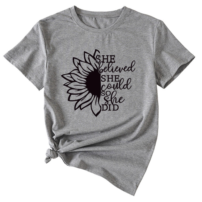 Lettering She Believed She Could Round Neck Short Sleeve T-Shirt for Women
