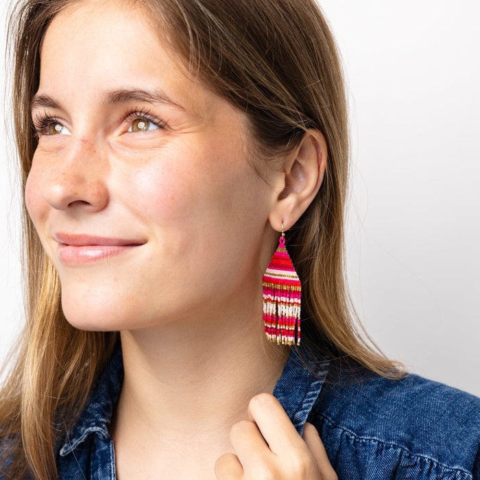 Lexie Horizontal Stripes Beaded Fringe Earrings Mixed Hot Pink Fringe