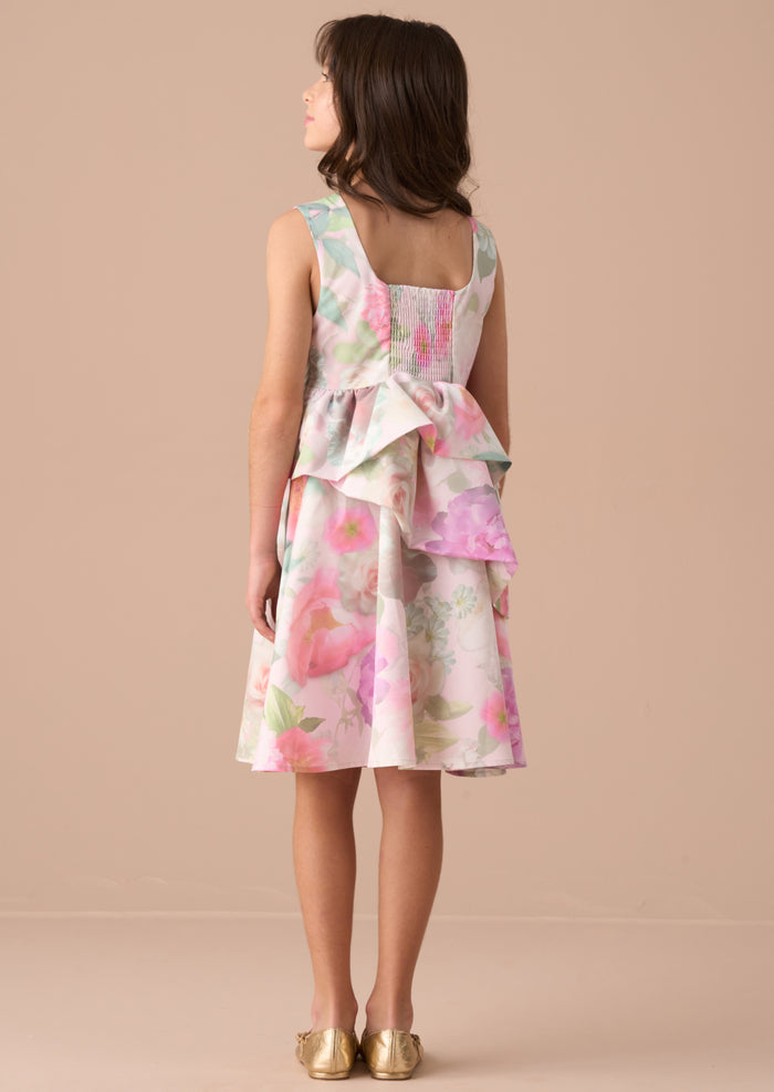 Lilah Pink Peplum Tiered Print Dress