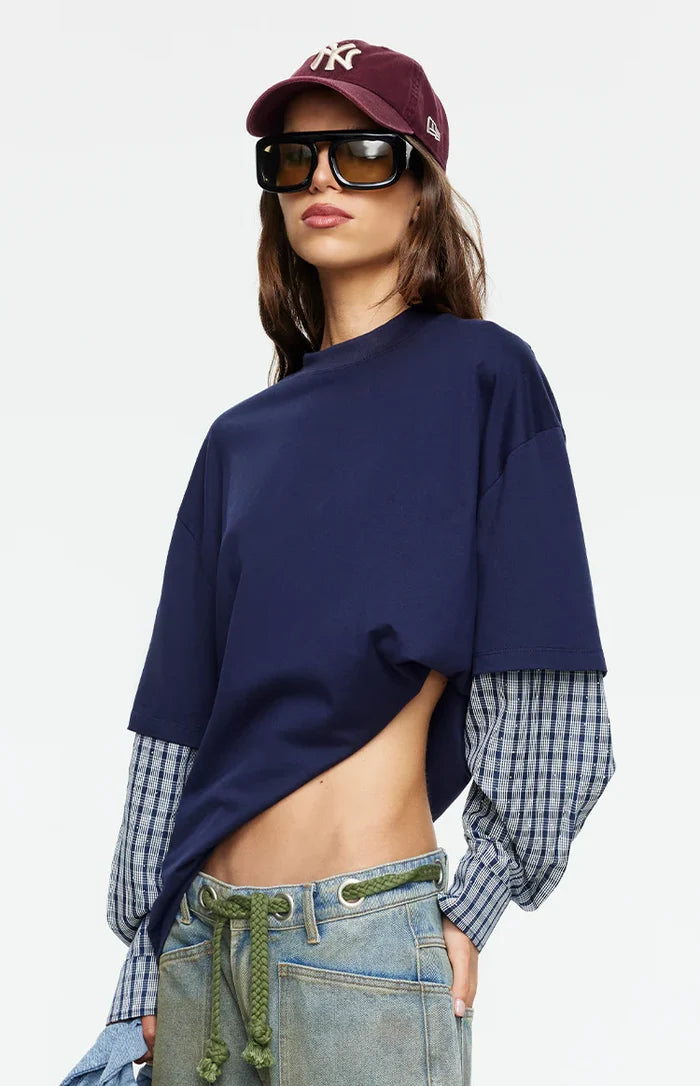 Lioness Bottega Navy Layered Contrast Sleeve Shirt