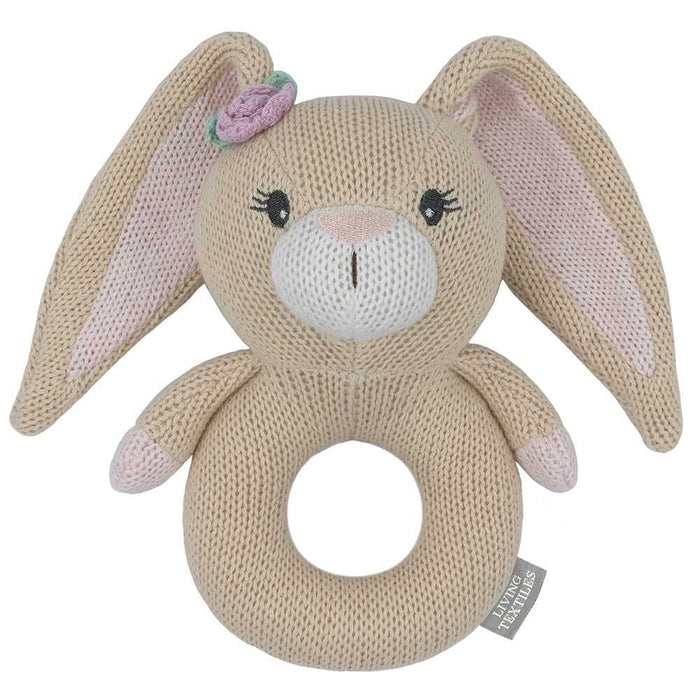 Living Textiles knitted ring rattle toy featuring Amelia the Bunny for baby strollers