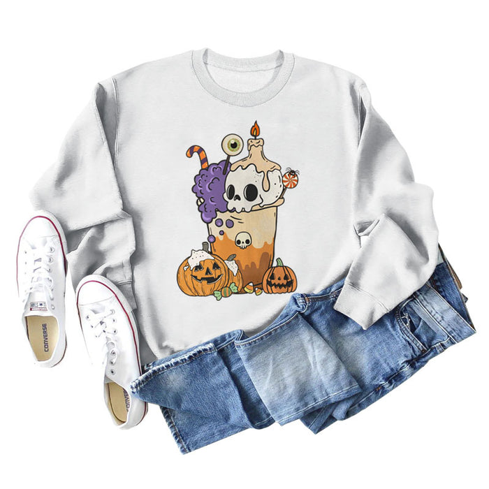 Loose Pumpkin Skull Spider Print Long-sleeved Sweater Women