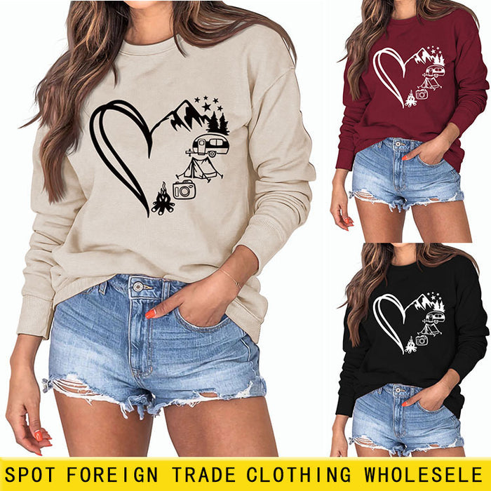 Love Camping Bus Print Round Neck Long Sleeve Oversized Sweatshirt Women