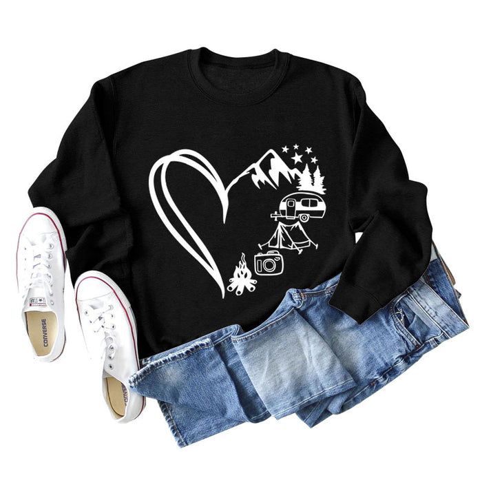 Love Camping Bus Print Round Neck Long Sleeve Oversized Sweatshirt Women