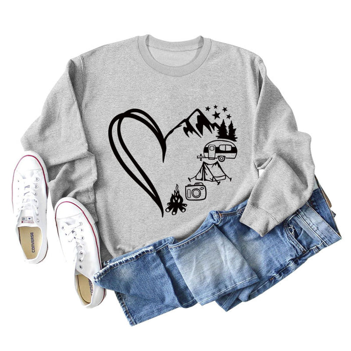 Love Camping Bus Print Round Neck Long Sleeve Oversized Sweatshirt Women