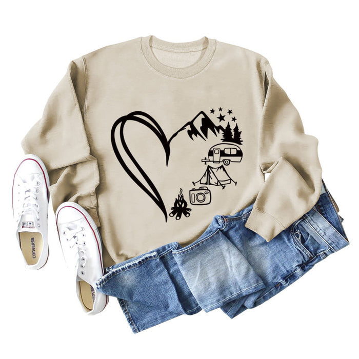 Love Camping Bus Print Round Neck Long Sleeve Oversized Sweatshirt Women