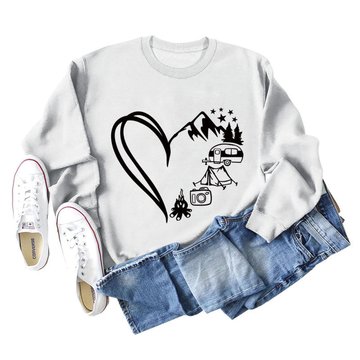 Love Camping Bus Print Round Neck Long Sleeve Oversized Sweatshirt Women