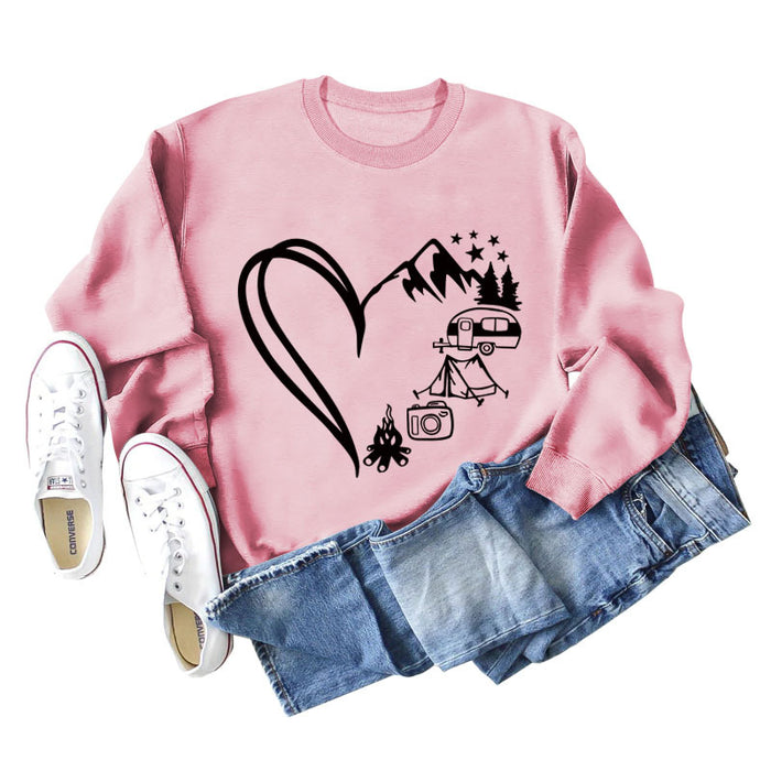 Love Camping Bus Print Round Neck Long Sleeve Oversized Sweatshirt Women